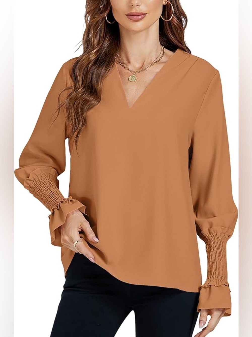 (A6) LYANER V-Neck Shirred Bell Sleeve Blouse Camel‎ Brown Tunic Top Size M